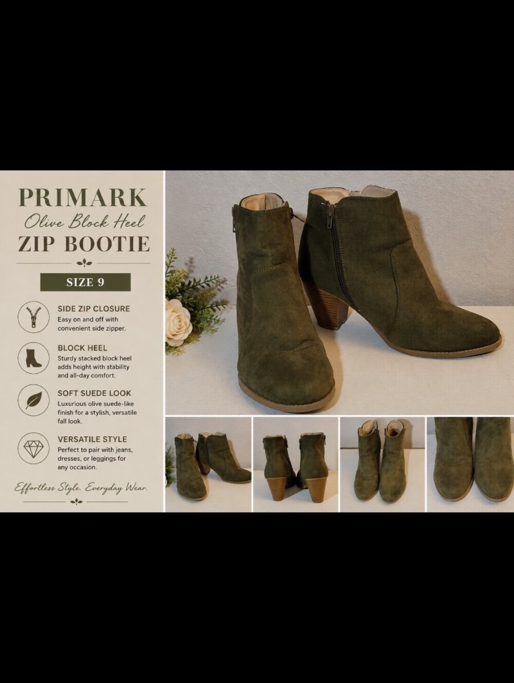 PRIMARK Olive Block Heel Zip Bootie 9